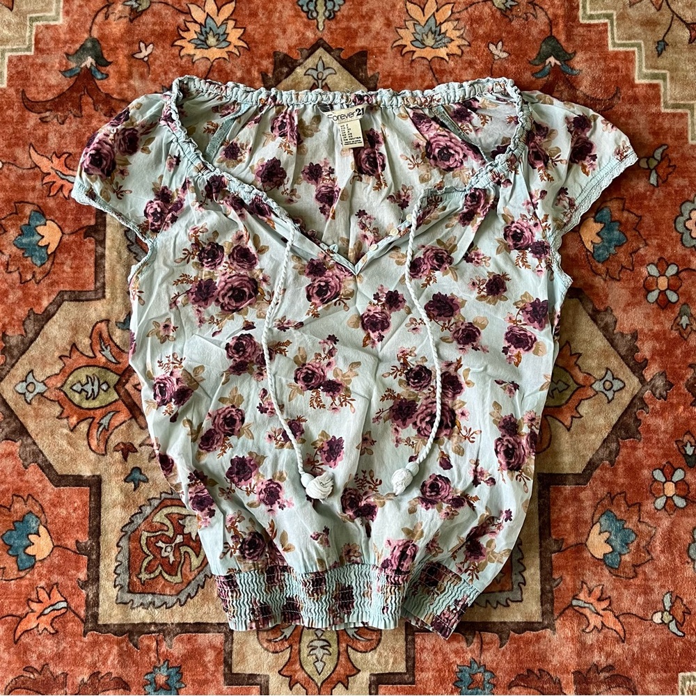 Y2K F21 Blue Floral Cotton Blouse